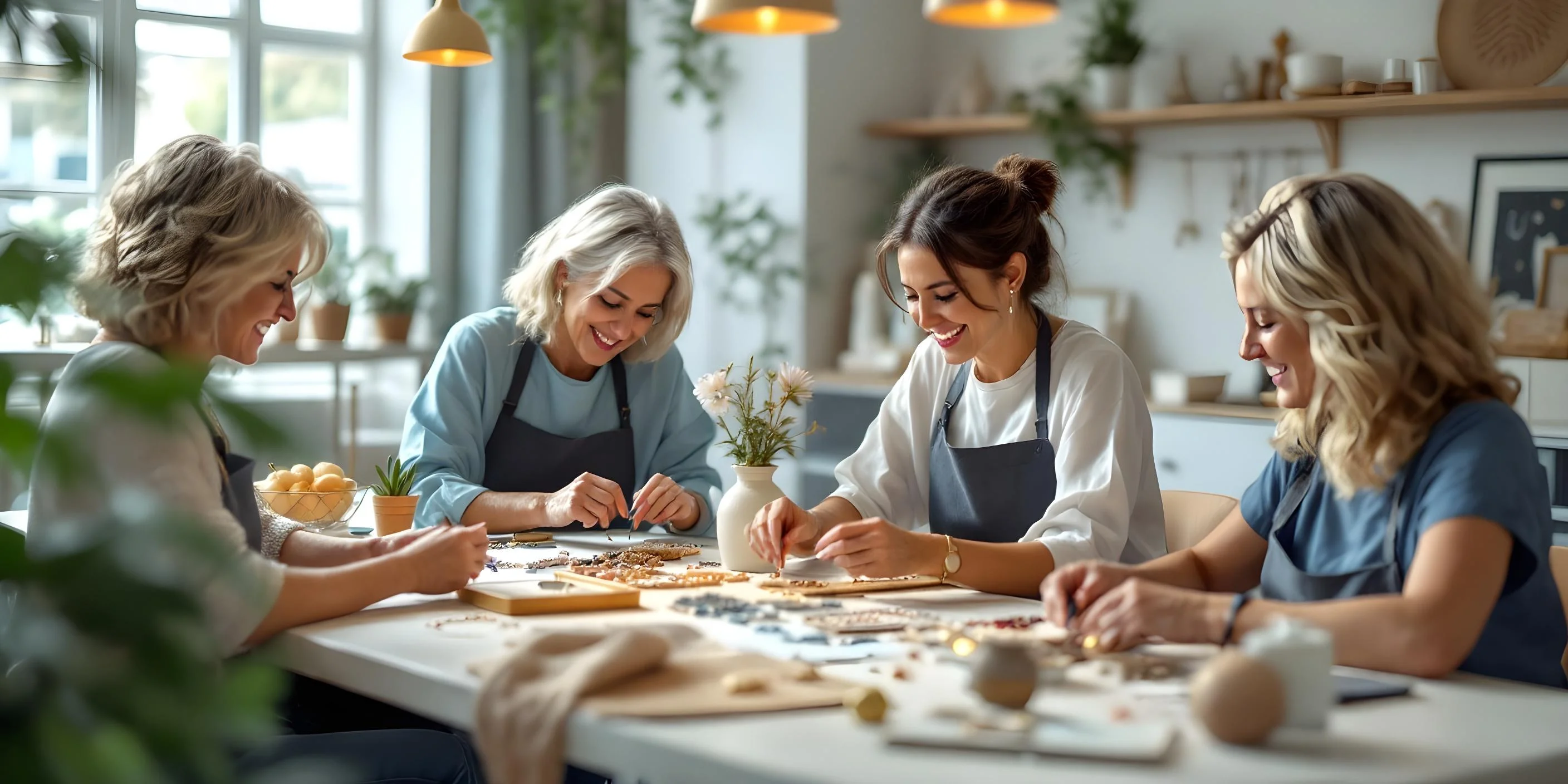 Vier vrouwen zitten samen aan een tafel en zijn creatief bezig met het maken van sieraden in een lichte, sfeervolle ruimte – een gezellige setting voor creatieve workshops bij Studio Sem, perfect voor bedrijfsuitjes, babyshowers en vrijgezellenfeesten.