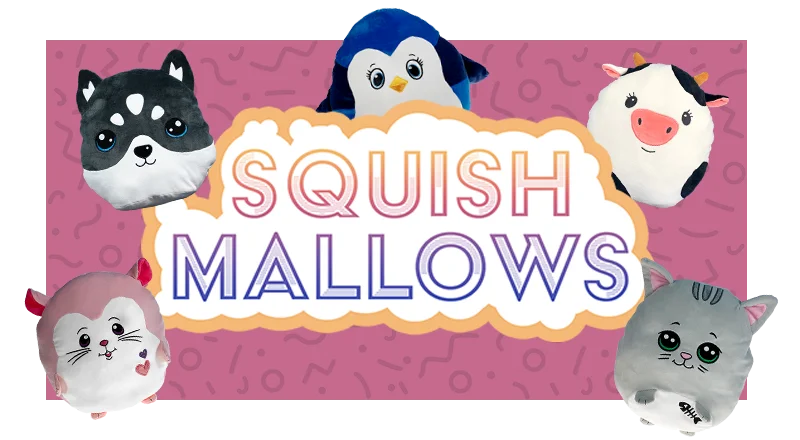 Afbeelding met de tekst Squishmallows tegen een roze achtergrond omringd door squishmallows die gemaakt zijn tijdens een kinderfeestje