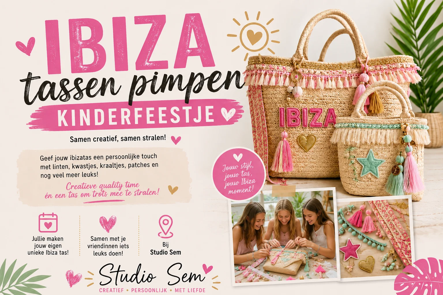 Creatief Ibiza tassen pimpen kinderfeestje voor meiden bij Studio Sem met gepimpte Ibiza tassen, kleurrijke accessoires en creatieve workshop
