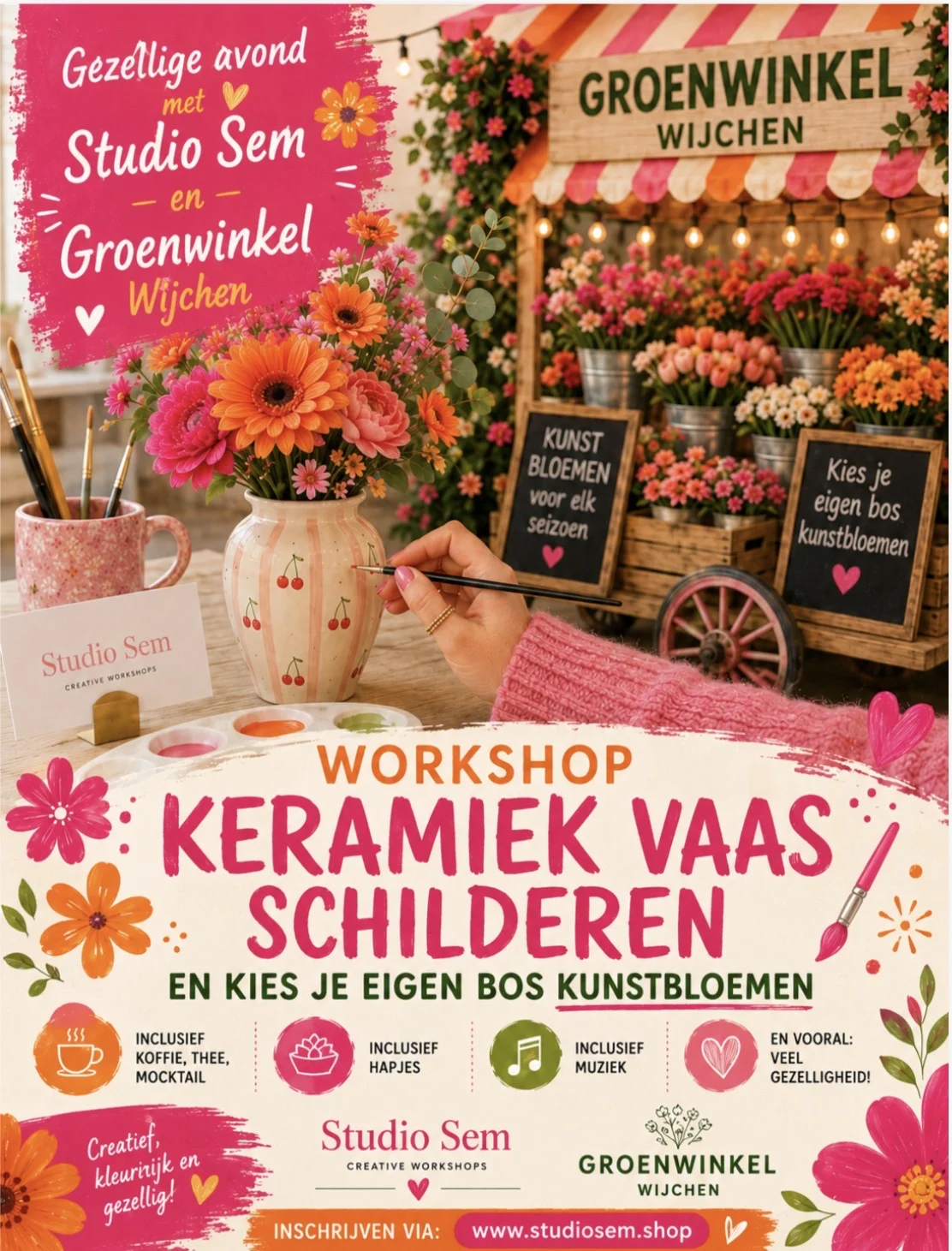 Keramiek vaas schilderen inclusief een bos kunstbloemen